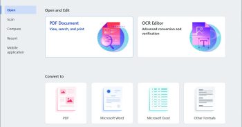 ABBYY FineReader PDF 16 main window with open, scan, compare and convert options