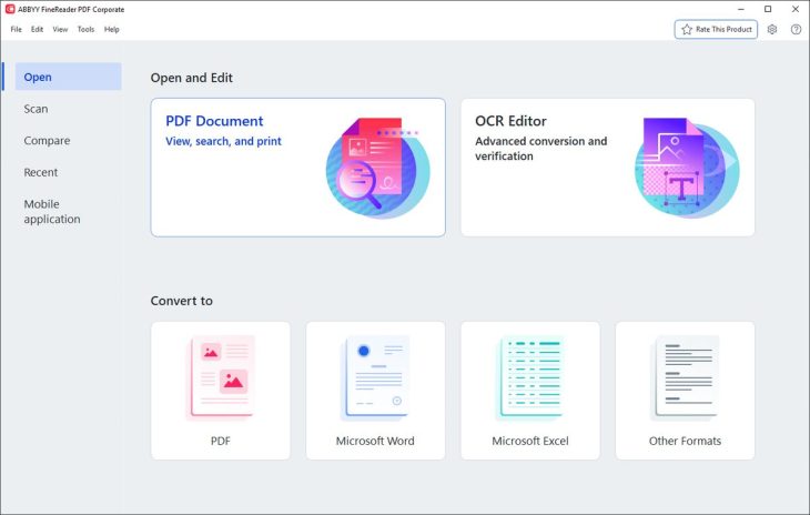 ABBYY FineReader PDF 16 main window with open, scan, compare and convert options
