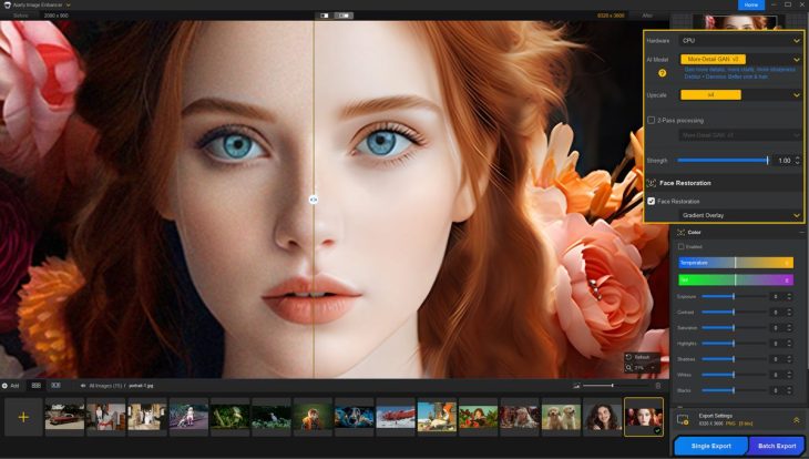 Aiarty Image Enhancer interface upscaling a portrait with More-Detail GAN v3