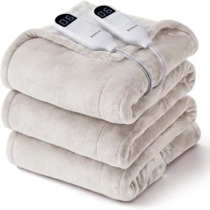 Bedsure queen heated blanket with dual controllers in cream flannel and sherpa