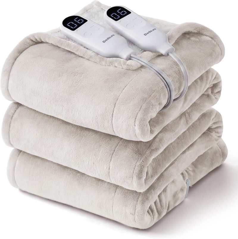 Bedsure queen heated blanket with dual controllers in cream flannel and sherpa