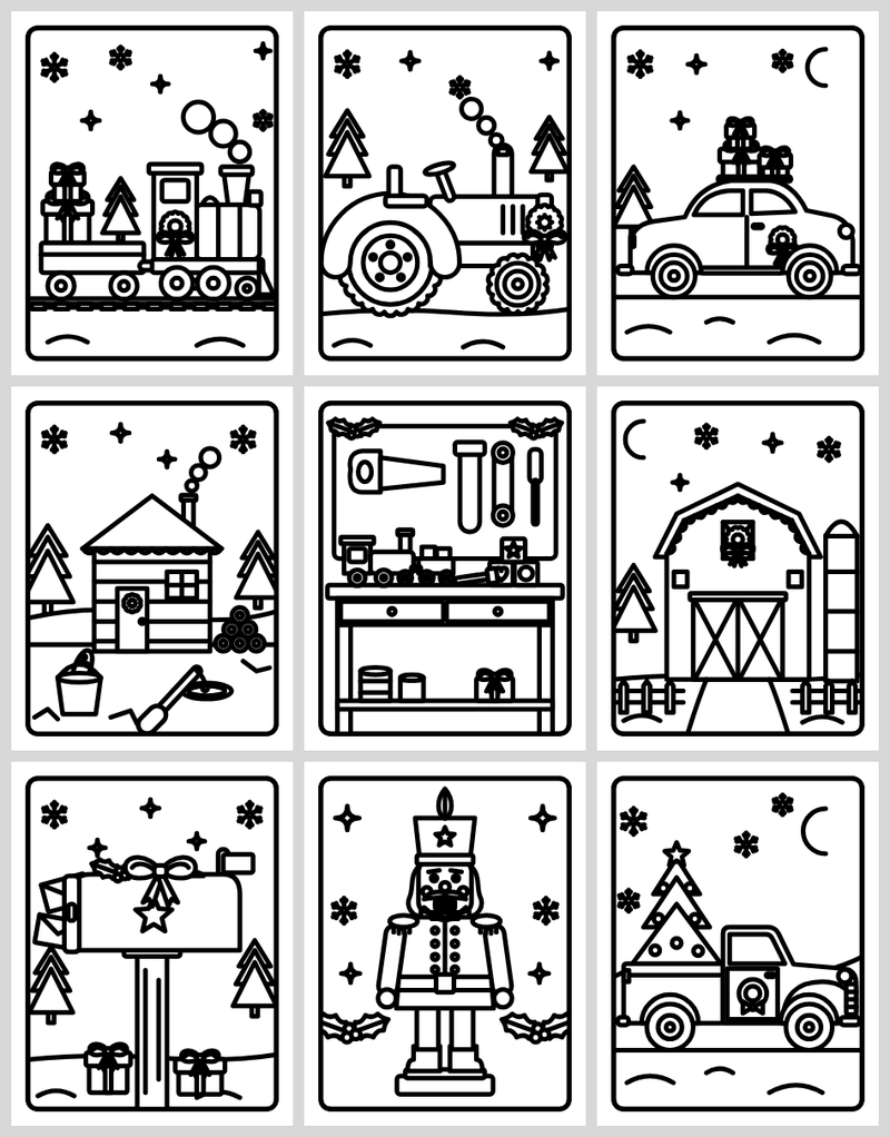 Christmas coloring pages for older men: steam train, tractor, old car, workshop bench, red barn and vintage pickup truck
