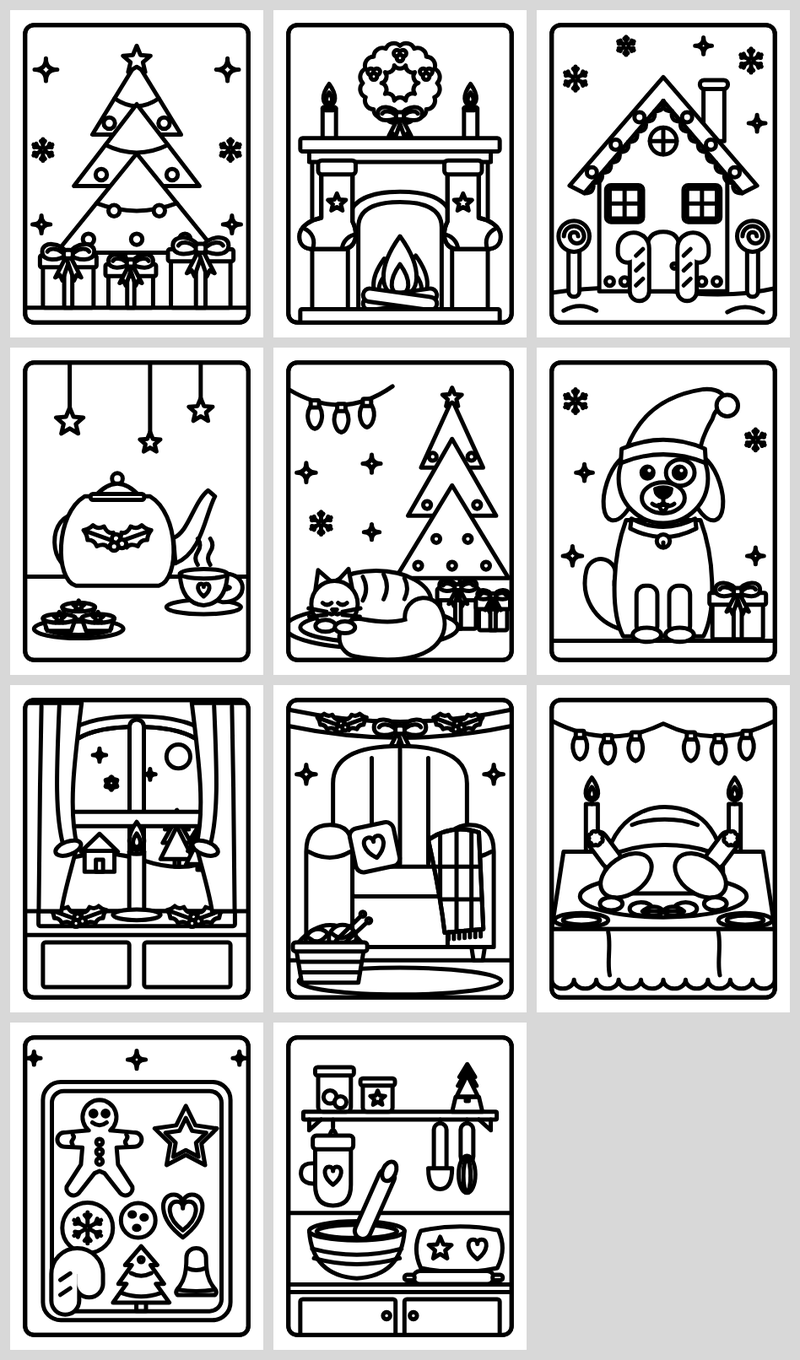 Cozy indoor Christmas coloring pages for seniors: tree, fireplace, gingerbread house, cat, dog and dinner table
