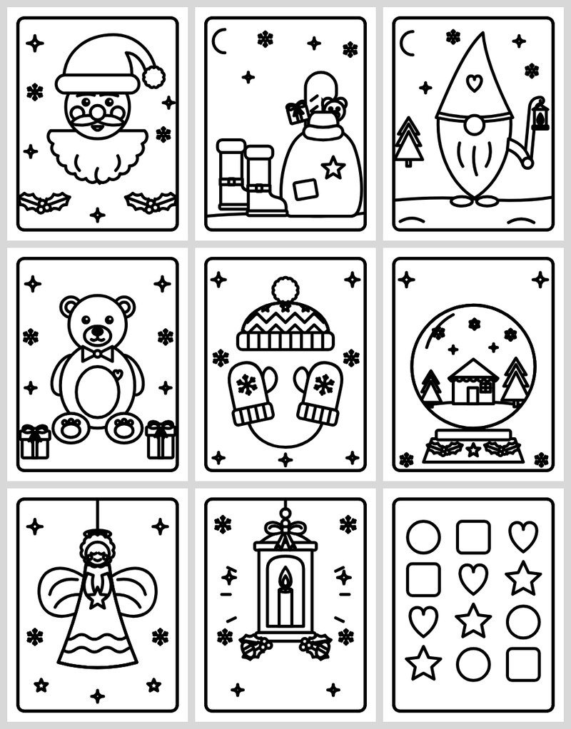 Christmas coloring pages of Santa's face, Santa's boots and sack, an elf, a teddy bear and a snow globe