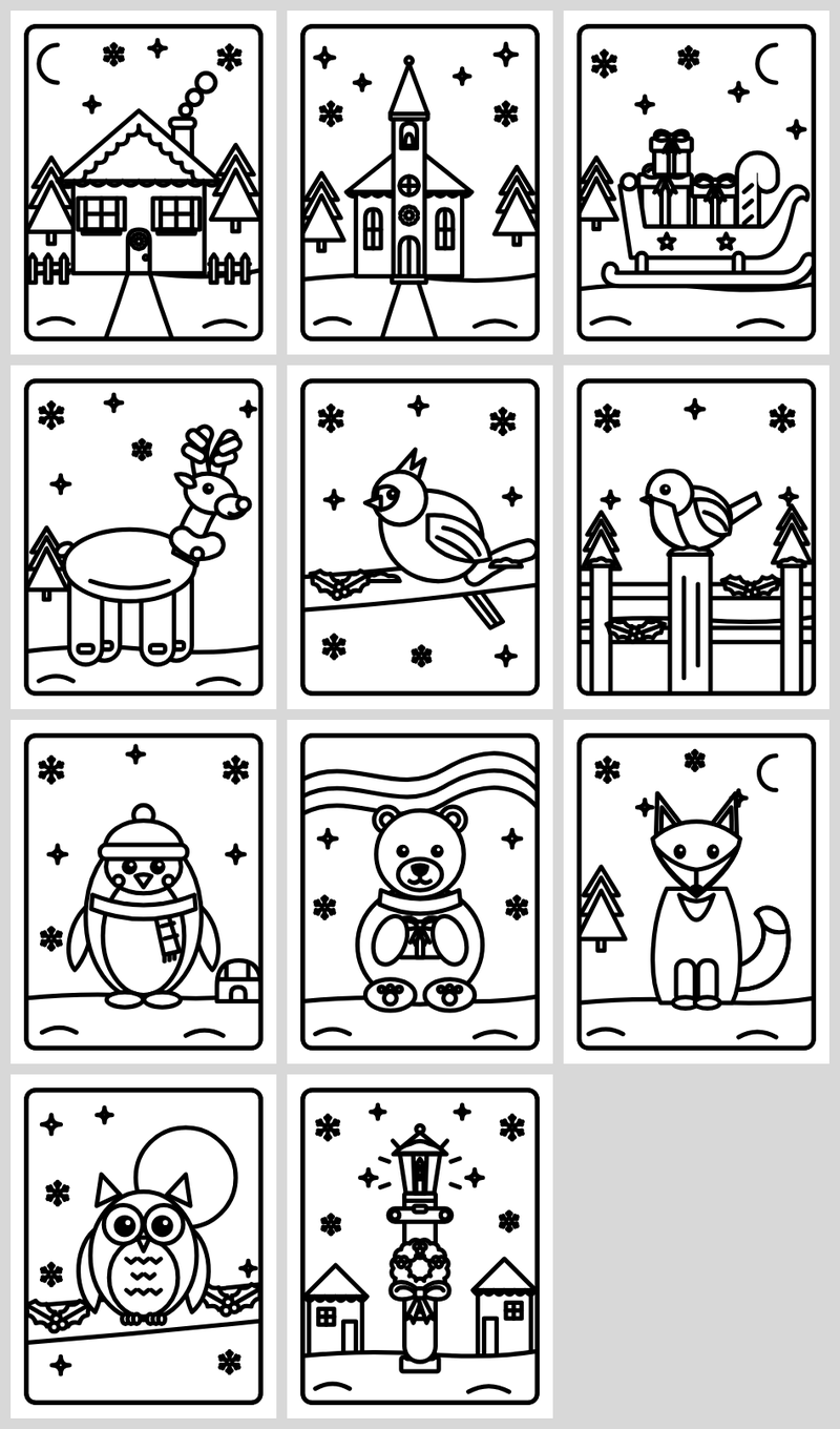 Winter outdoor Christmas coloring pages for seniors: snowy cottage, church, snowman, reindeer, cardinal and fox