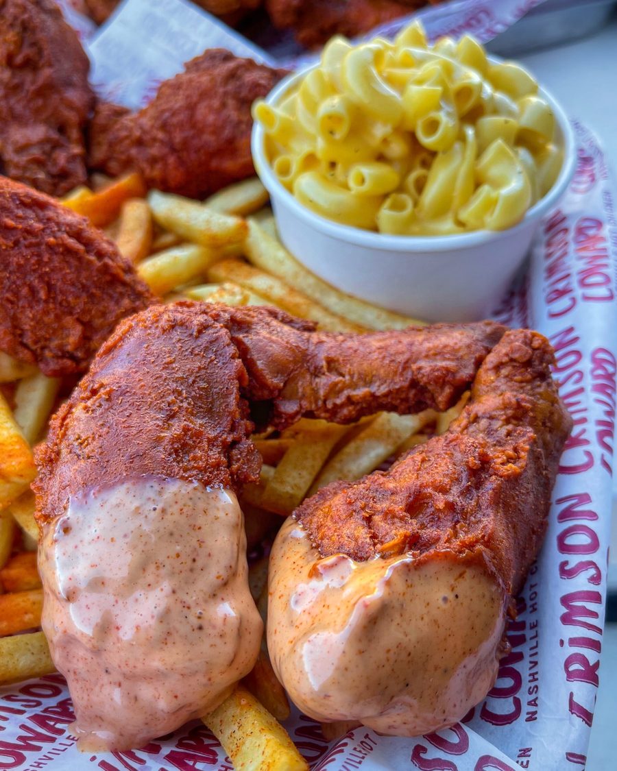 Crimson Coward Nashville hot wings with mac and cheese and fries