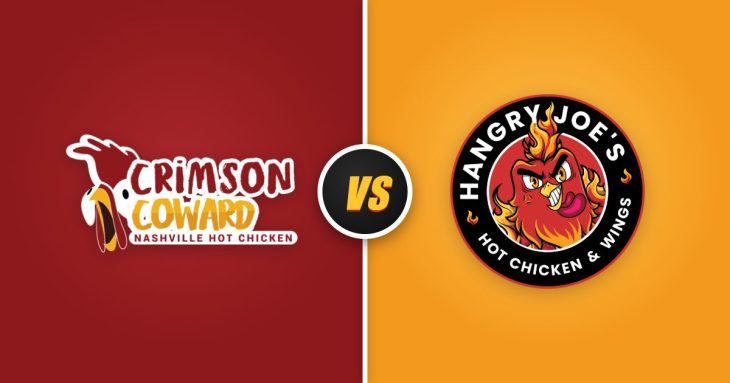 Crimson Coward vs Hangry Joe's: the two Nashville hot chicken chains' logos side by side
