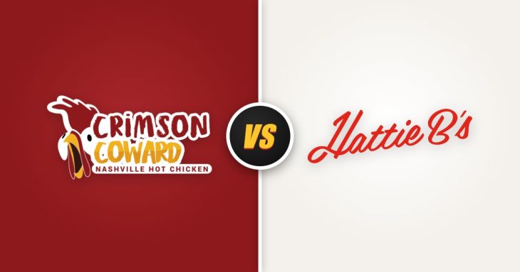 Crimson Coward vs Hattie B's: the two Nashville hot chicken restaurants' logos side by side