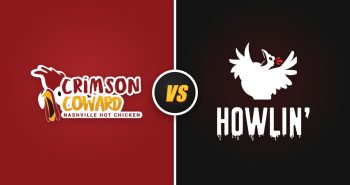 Crimson Coward vs Howlin' Ray's: the two Nashville hot chicken restaurants' logos side by side