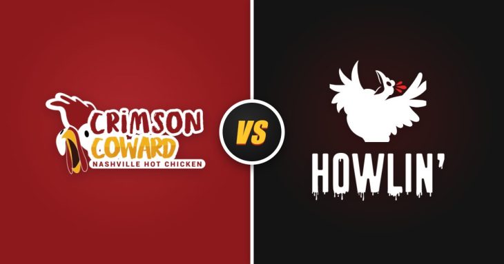 Crimson Coward vs Howlin' Ray's: the two Nashville hot chicken restaurants' logos side by side