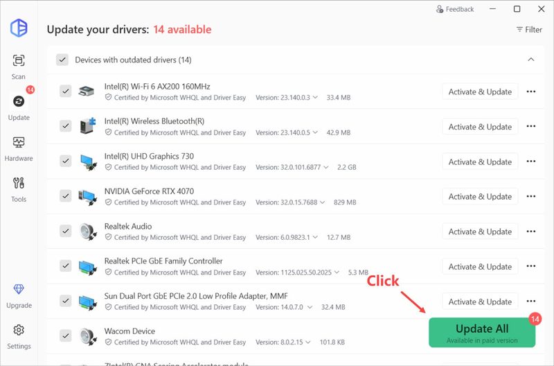 Driver Easy driver update list with WHQL-certified drivers