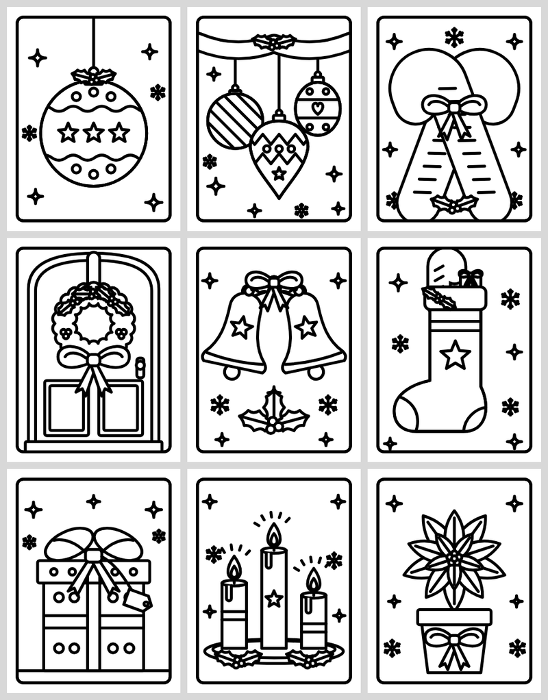 Easy Christmas coloring pages with one big object each: bauble, candy canes, wreath, bells, stocking and gift box
