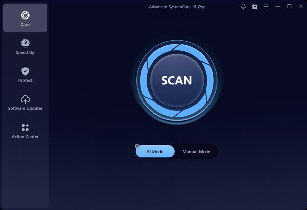 IObit Advanced SystemCare 19 Pro Care tab with scan button