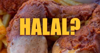 Is Dave's Hot Chicken halal? Close-up of Nashville hot chicken legs with dipping sauce and fries