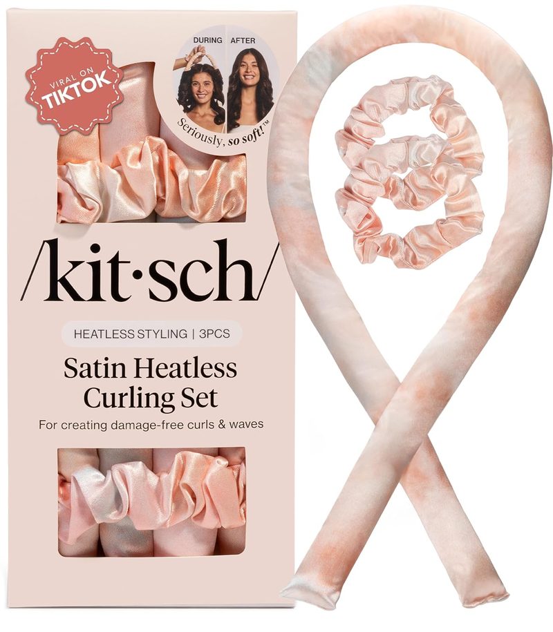 Kitsch satin heatless curling rod overnight set in sunset tie dye