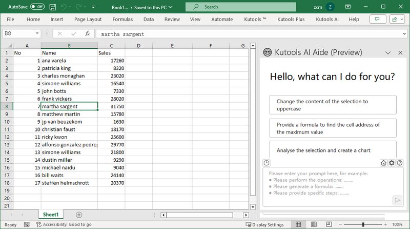 Kutools AI Aide assistant panel inside Excel
