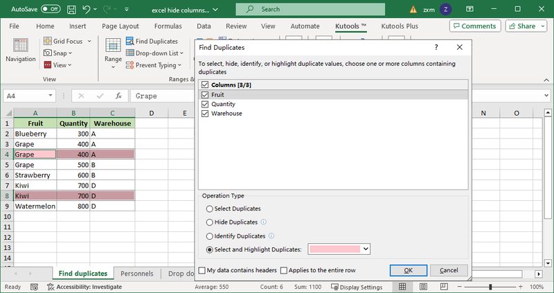 Kutools for Excel Find Duplicates tool highlighting duplicate rows