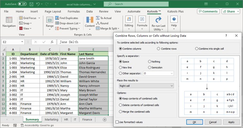 Kutools for Excel merging cells without losing data
