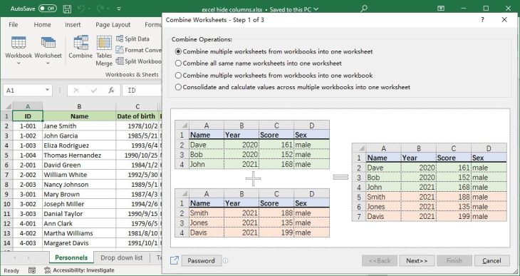 Kutools for Excel combining multiple worksheets into one