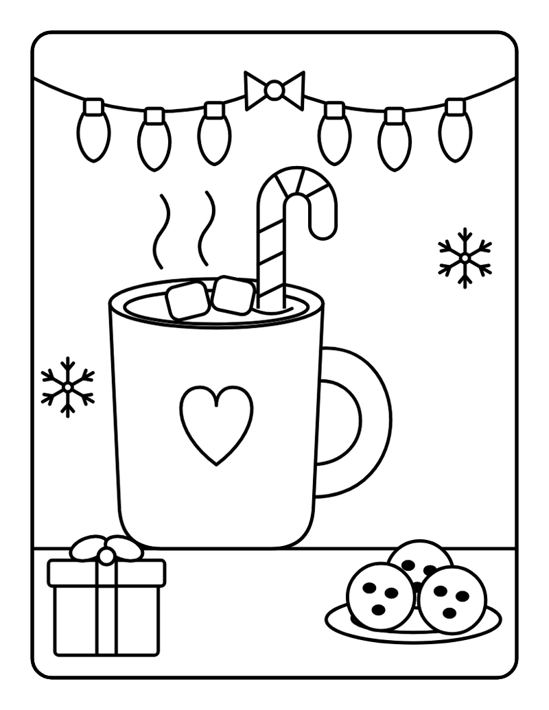 Large print Christmas coloring page of a hot cocoa mug with cookies and a present, with thick bold outlines
