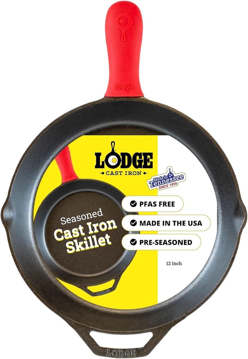 Lodge 12 inch pre-seasoned cast iron skillet with silicone handle holder