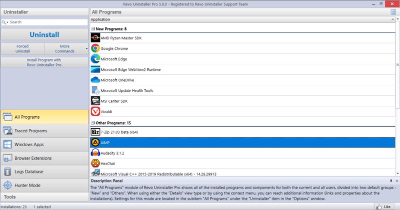 Revo Uninstaller Pro main window listing installed programs