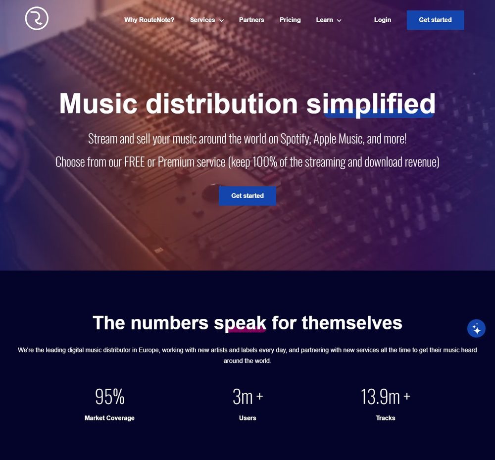 RouteNote homepage offering free or Premium music distribution