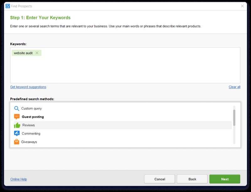 LinkAssistant Find Prospects dialog for link building keywords