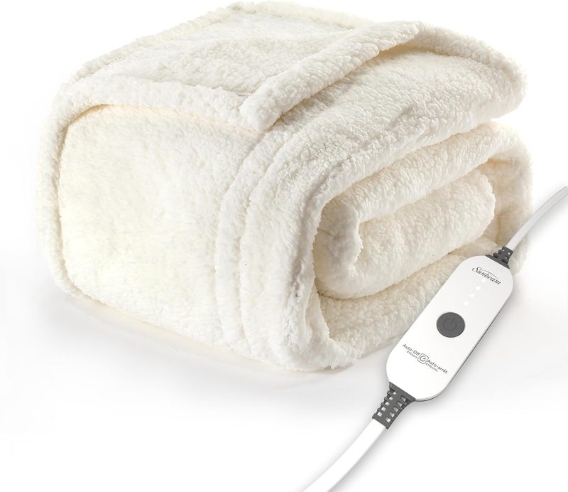 Sunbeam Royal Sherpa heated throw blanket with foot pocket