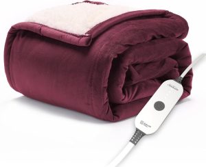 Sunbeam Royal Mink Sherpa heated throw blanket in cabernet
