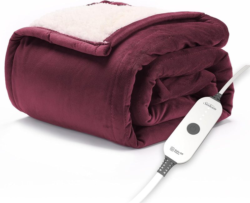 Sunbeam Royal Mink Sherpa heated throw blanket in cabernet