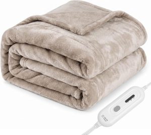 Tefici two-layer flannel heated throw blanket in camel
