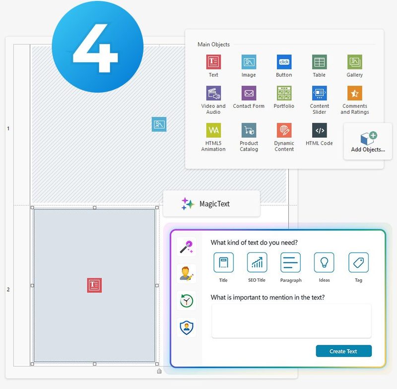 WebSite X5 editor with object palette and MagicText AI panel