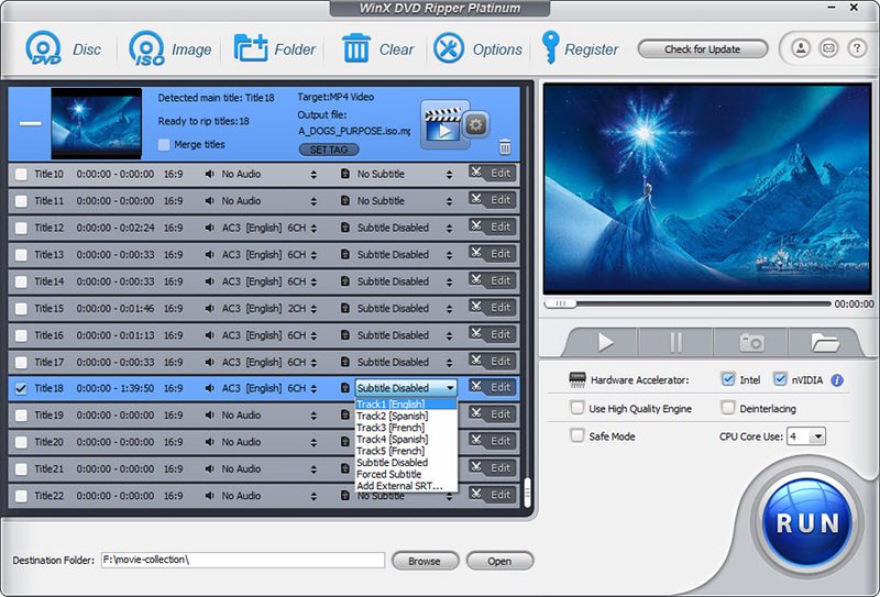 WinX DVD Ripper Platinum interface with output profiles and hardware acceleration